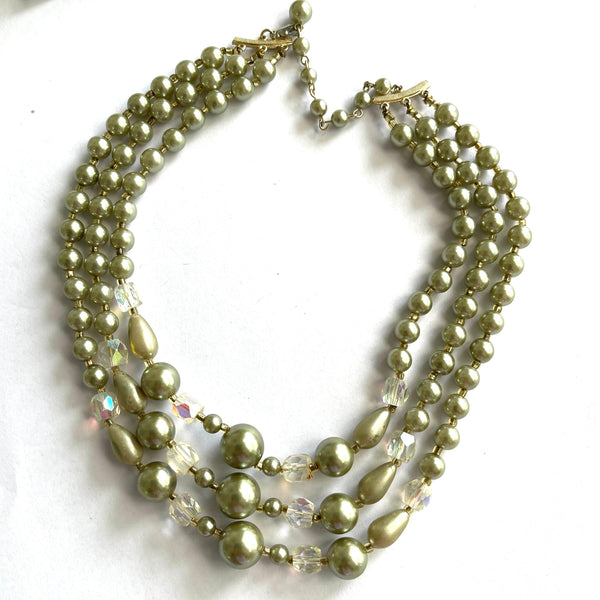 AB Crystal & Bead Triple Strand Vintage Necklace-Vintageonline-Vintage Online