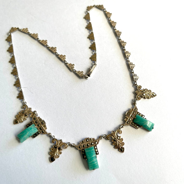 Art Deco 1930's Marcasite & Faux Turquoise Choker Necklace-Vintageonline-Vintage Online