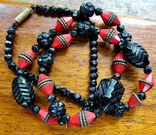 Art Deco Red & French Jet Glass Bead Necklace-Art Deco-Vintage Online