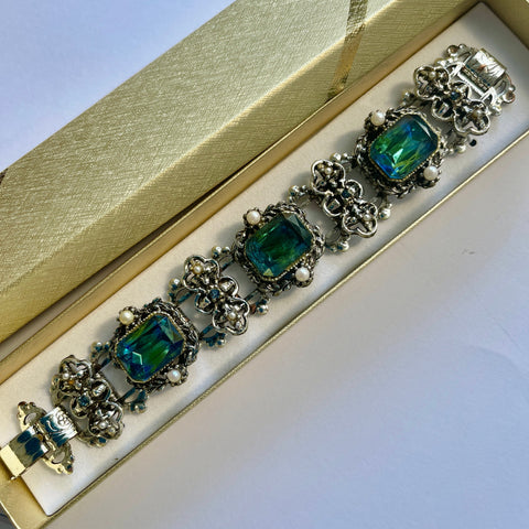 Blue Green Sapphire Glass Stone & Pearl 70's Bracelet-Vintageonline-Vintage Online
