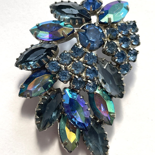 Blue Rhinestones & Aurora Borealis Rhinestone Vintage Brooch-Vintageonline-Vintage Online