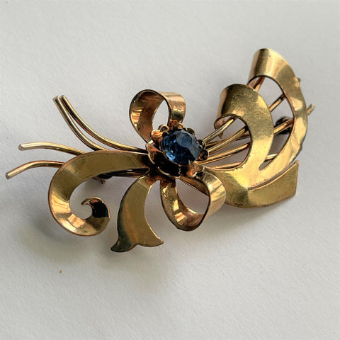 Gold Filled Blue Sapphire Rhinestone Vintage Brooch-Vintageonline-Vintage Online