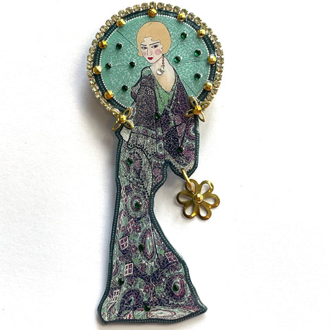 Hand Made UK Elegant Deco Lady Brooch-Cat Walk Buttons Uk-Vintage Online