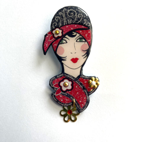 Hand Made UK Stylish Lady Head Brooch-Cat Walk Buttons-Vintage Online