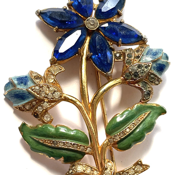 1940's Blue Sapphire Rhinestone Vintage Flower Brooch