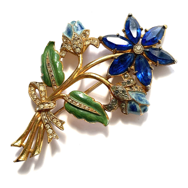 1940's Blue Sapphire Rhinestone Vintage Flower Brooch