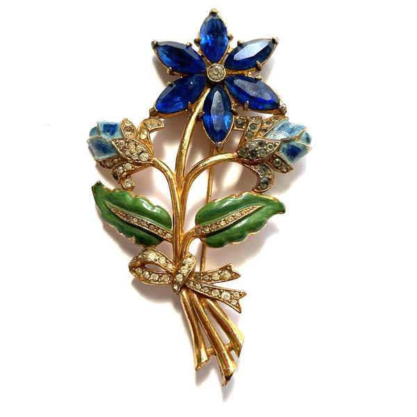 1940's Blue Sapphire Rhinestone Vintage Flower Brooch