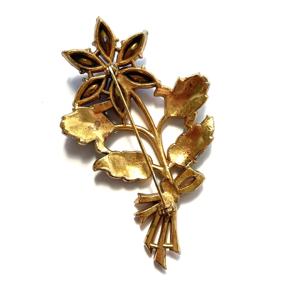 1940's Blue Sapphire Rhinestone Vintage Flower Brooch