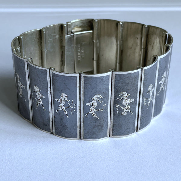 Thai Silver Siam Niello Enamel Panel Bracelet-Vintageonline-Vintage Online