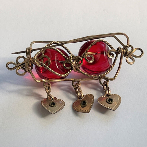 Three Hearts Red Glass Bead Sweetheart 50's Brooch-Vintageonline-Vintage Online