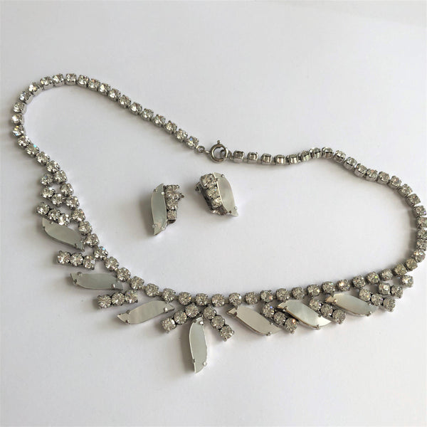 Sparkling 1960's Diamante & Mother of Pearl Matching Necklace & Earrings-Vintage Online-Vintage Online