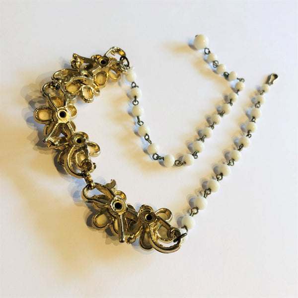 White Thermoset Bead & Diamante Vintage Necklace-Vintageonline-Vintage Online