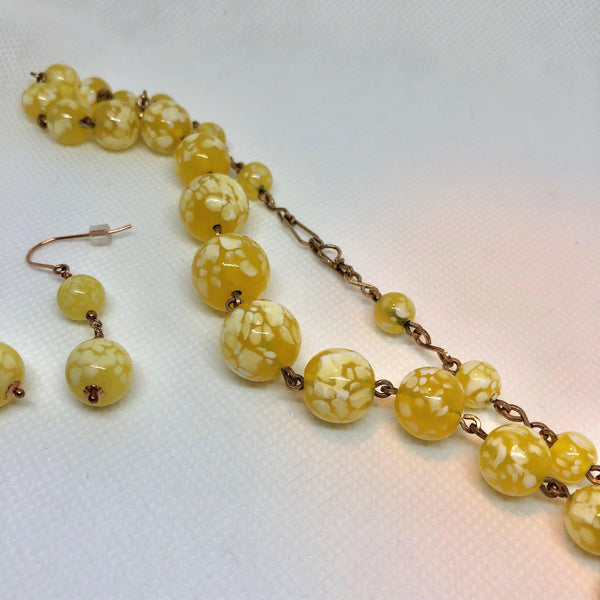 Yellow Speckle Glass Vintage Bead Necklace with Matching Earrings-Vintageonline-Vintage Online
