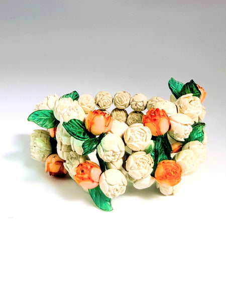 1930's-1940's Celluloid Rosebud Necklace & Bracelet Set-Vintageonline-Vintage Online
