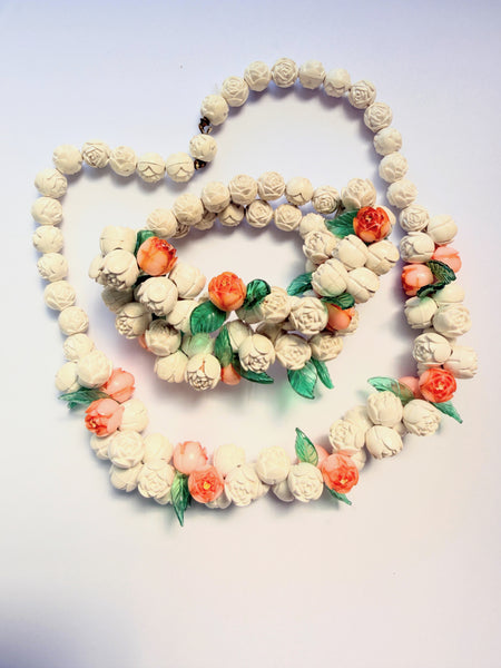 1930's-1940's Celluloid Rosebud Necklace & Bracelet Set-Vintageonline-Vintage Online