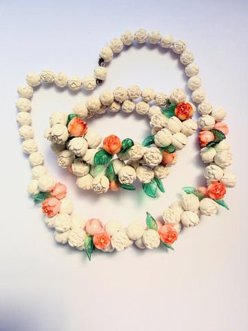 1930's-1940's Celluloid Rosebud Necklace & Bracelet Set-Vintageonline-Vintage Online