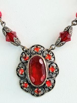 1930's Vintage Red Glass Art Deco Necklace-Vintageonline-Vintage Online