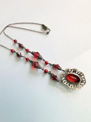 1930's Vintage Red Glass Art Deco Necklace-Vintageonline-Vintage Online