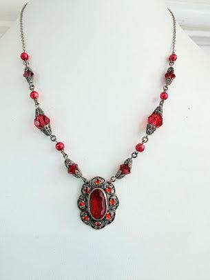 1930's Vintage Red Glass Art Deco Necklace-Vintageonline-Vintage Online