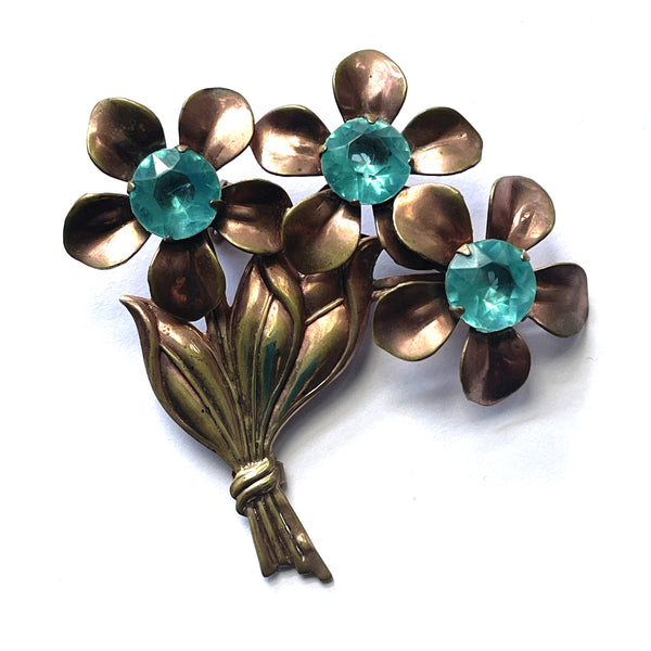 1940's Aquamarine Stone Floral Spray Brooch-Vintageonline-Vintage Online