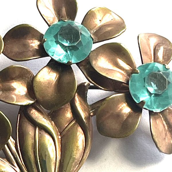 1940's Aquamarine Stone Floral Spray Brooch-Vintageonline-Vintage Online