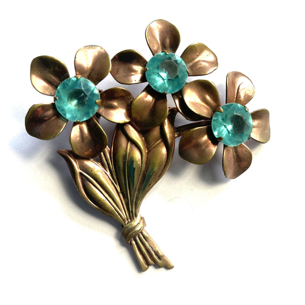 1940's Aquamarine Stone Floral Spray Brooch-Vintageonline-Vintage Online