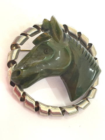 1940's Bakelite Horse Head in Metal Frame Brooch-Vintageonline-Vintage Online