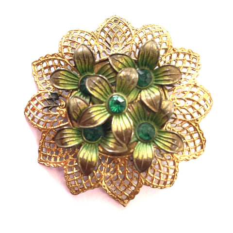 1940's Flower Heads and Rhinestones Filigree Brooch-Vintageonline-Vintage Online
