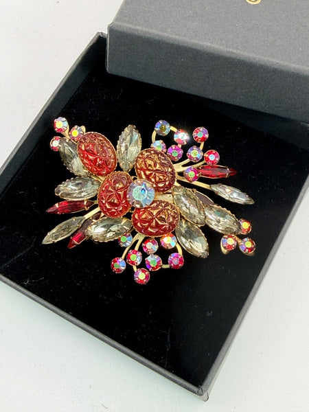 1950's Beau Jewels Carved Stone & Aurora Borealis Rhinestone Brooch & Earrings-Beau Jewels-Vintage Online