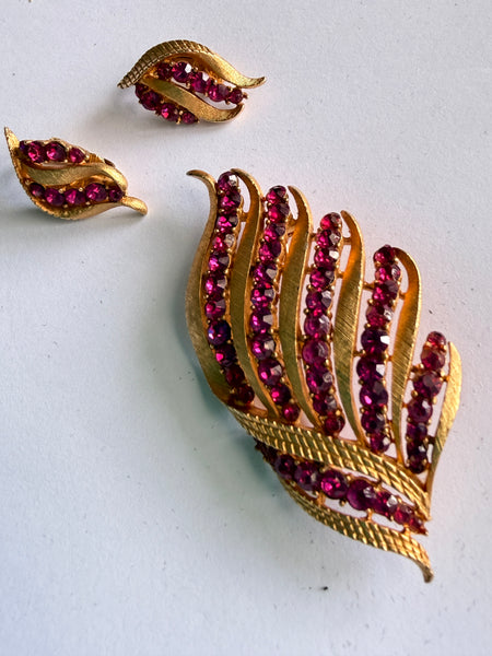 1960's Corocraft USA Pink Rhinestone Brooch & Earrings Set-Corocraft-Vintage Online