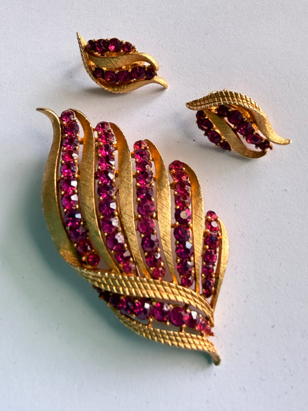 1960's Corocraft USA Pink Rhinestone Brooch & Earrings Set-Corocraft-Vintage Online