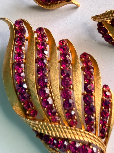 1960's Corocraft USA Pink Rhinestone Brooch & Earrings Set-Corocraft-Vintage Online
