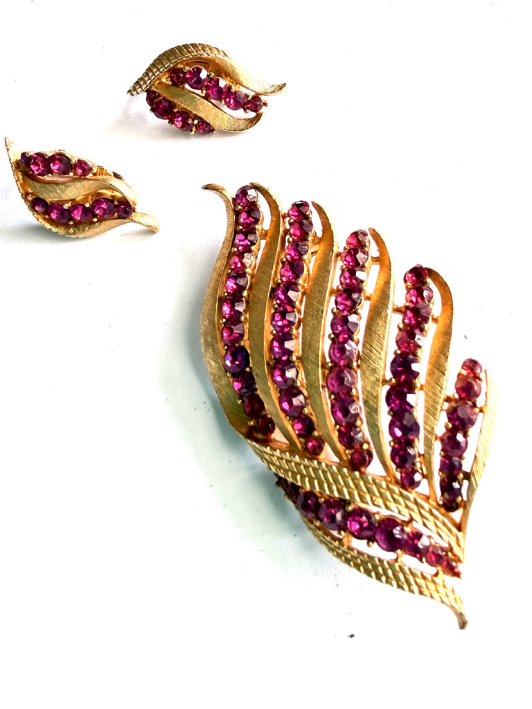 1960's Corocraft USA Pink Rhinestone Brooch & Earrings Set-Corocraft-Vintage Online