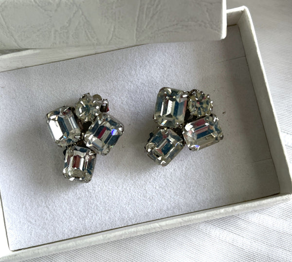 1960's Weiss Baguette Rhinestone Vintage Clip On Earrings-Weiss USA-Vintage Online
