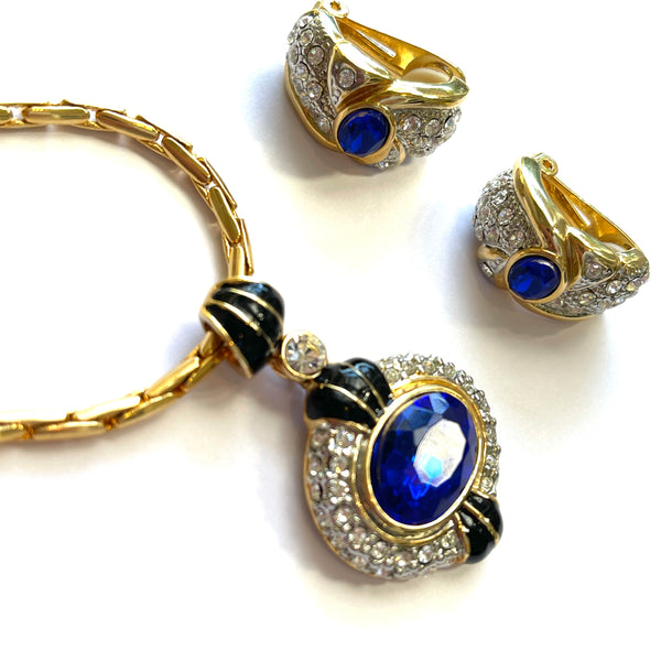 1980's Blue Sapphire Crystal Pendant and Earrings-Vintageonline-Vintage Online
