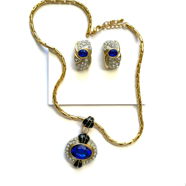 1980's Blue Sapphire Crystal Pendant and Earrings-Vintageonline-Vintage Online
