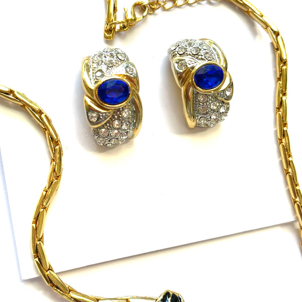 1980's Blue Sapphire Crystal Pendant and Earrings-Vintageonline-Vintage Online