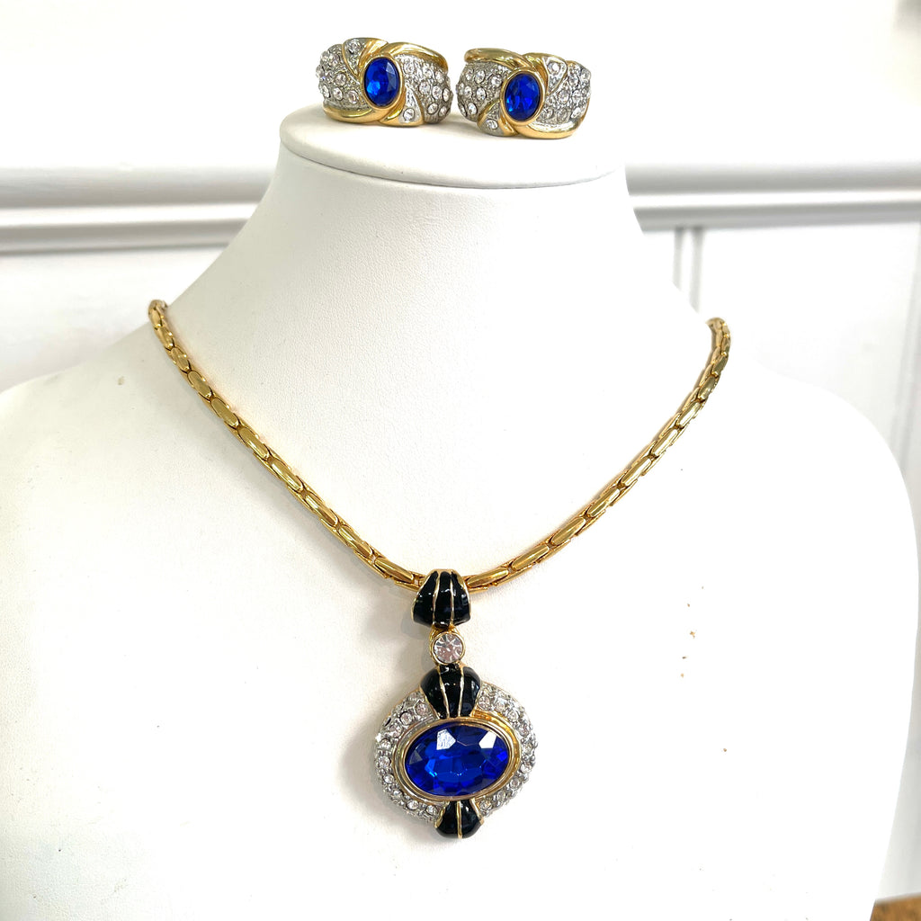 1980's Blue Sapphire Crystal Pendant and Earrings-Vintageonline-Vintage Online