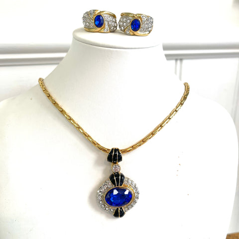 1980's Blue Sapphire Crystal Pendant and Earrings-Vintageonline-Vintage Online