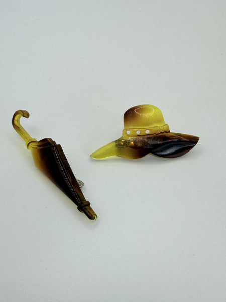 60's Hat & Brolly Pin Brooches-Vintageonline-Vintage Online
