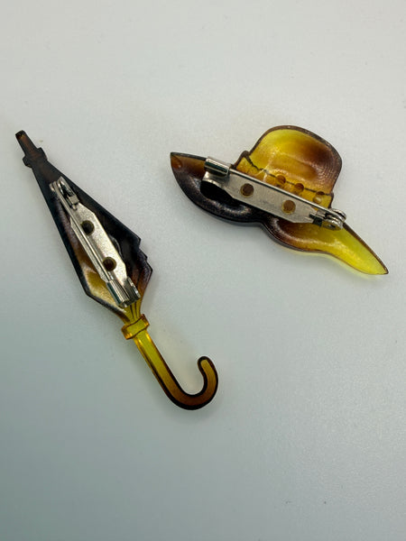 60's Hat & Brolly Pin Brooches-Vintageonline-Vintage Online