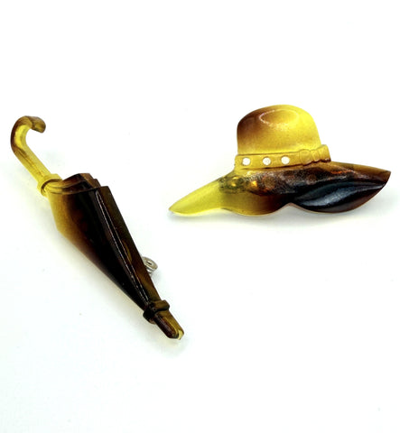 60's Hat & Brolly Pin Brooches-Vintageonline-Vintage Online