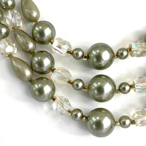 AB Crystal & Bead Triple Strand Vintage Necklace-Vintageonline-Vintage Online