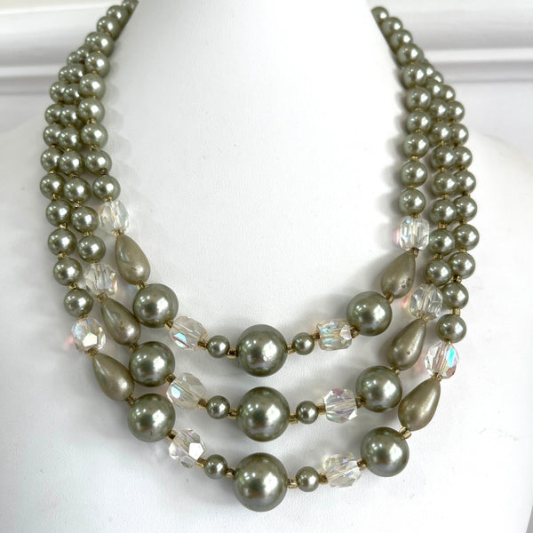 AB Crystal & Bead Triple Strand Vintage Necklace-Vintageonline-Vintage Online