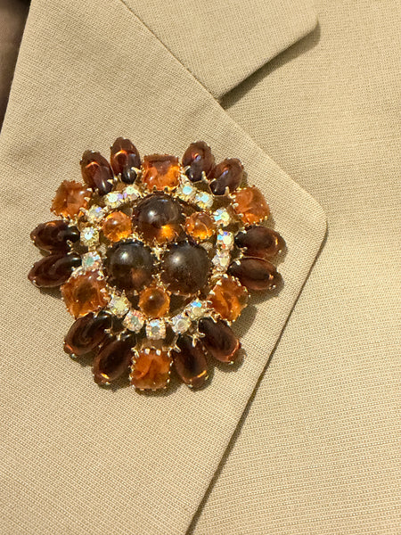 Amber & Cognac Rhinestone Aurora Borealis Brooch-Vintageonline-Vintage Online