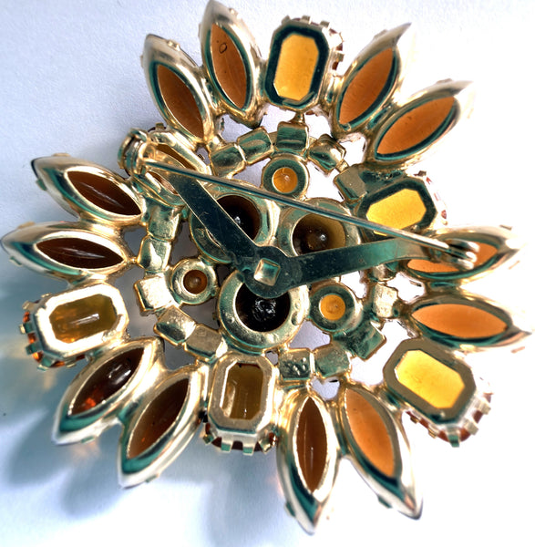 Amber & Cognac Rhinestone Aurora Borealis Brooch-Vintageonline-Vintage Online