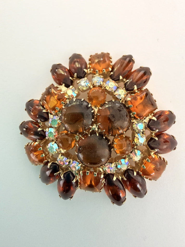 Amber & Cognac Rhinestone Aurora Borealis Brooch-Vintageonline-Vintage Online