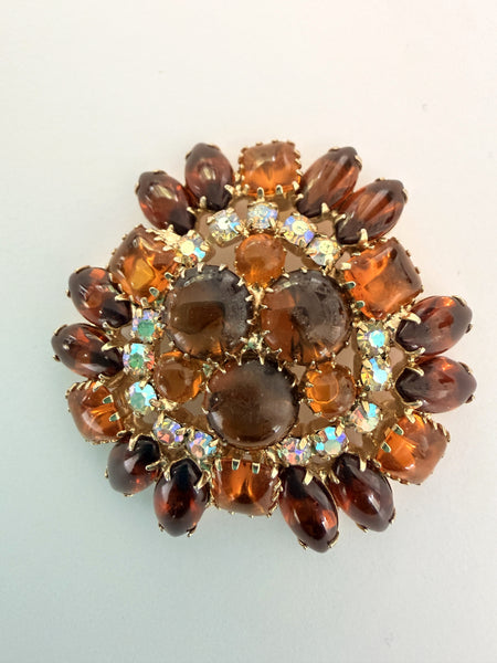 Amber & Cognac Rhinestone Aurora Borealis Brooch-Vintageonline-Vintage Online