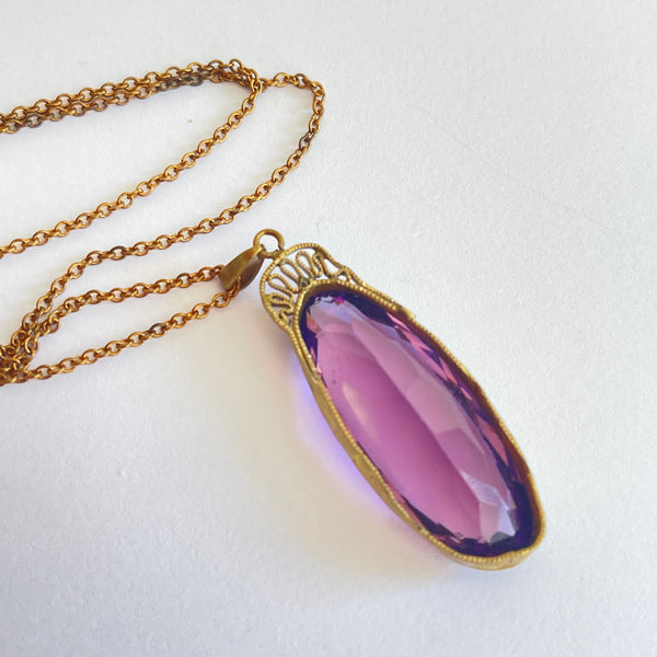 Antique Art Nouveau Purple Stone Pendant Necklace-Vintageonline-Vintage Online