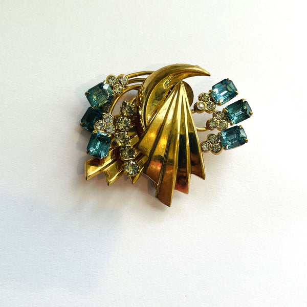 Aqua & Clear Rhinestone Vintage Pendant Brooch-Vintageonline-Vintage Online